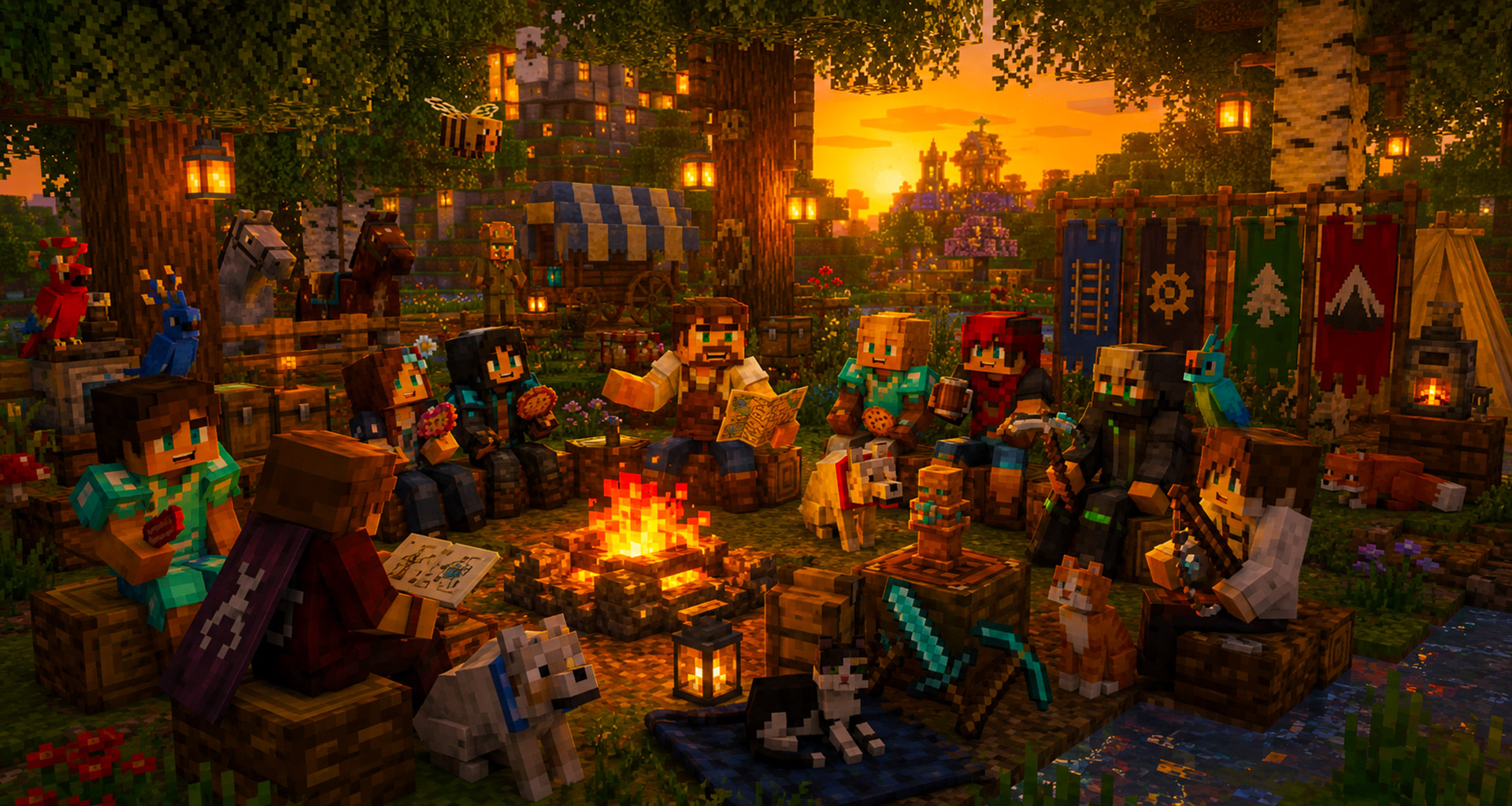 The community gathered around a campfire at dusk