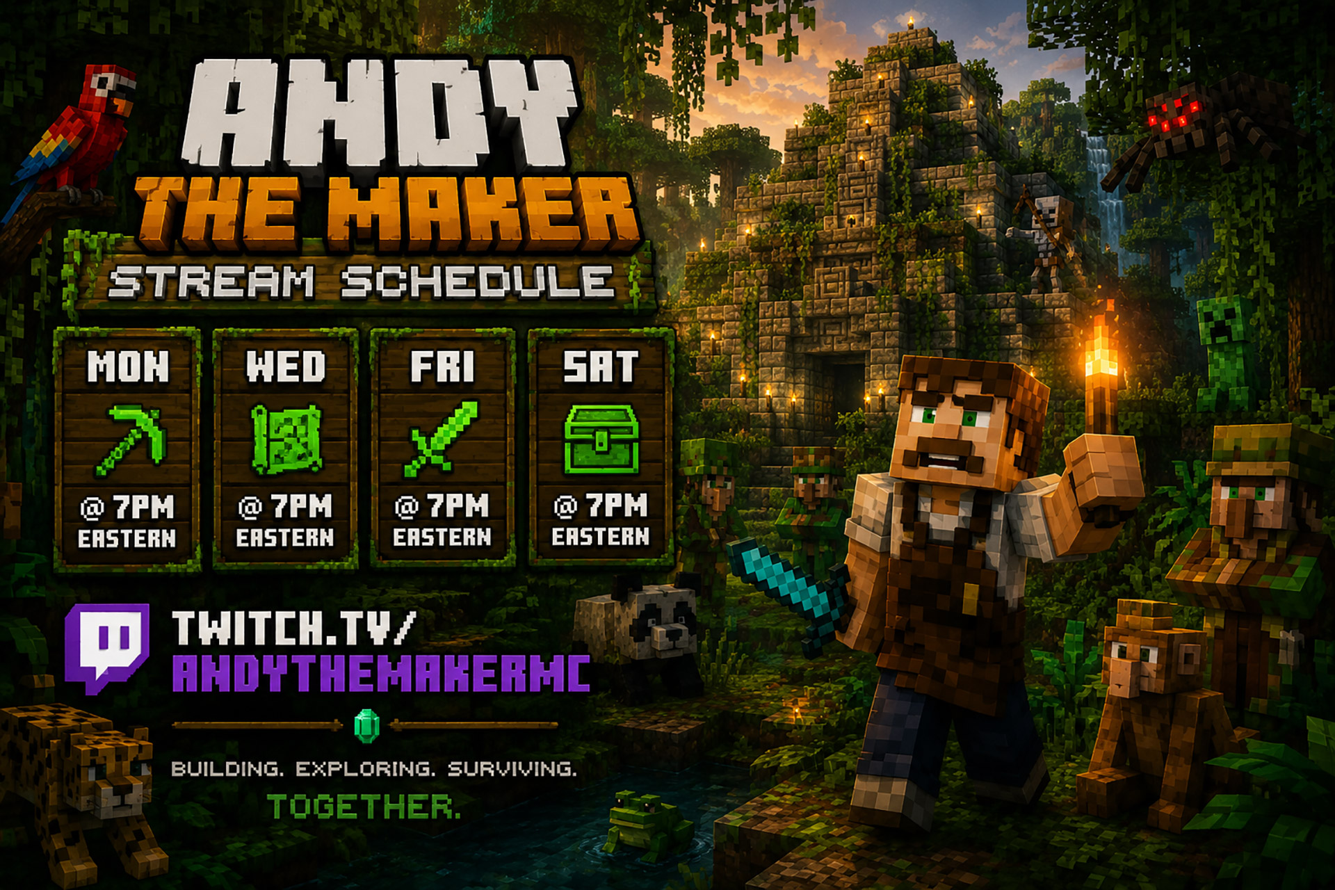 Andy The Maker stream schedule: Monday, Wednesday, Friday, and Saturday at 7PM Eastern on twitch.tv/AndyTheMakerMC