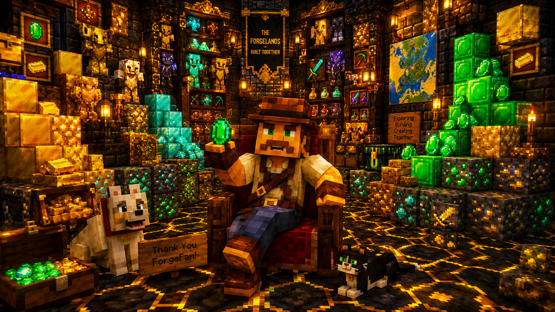 Andy in a treasure vault of gold and emeralds with a Thank You ForgeFans sign