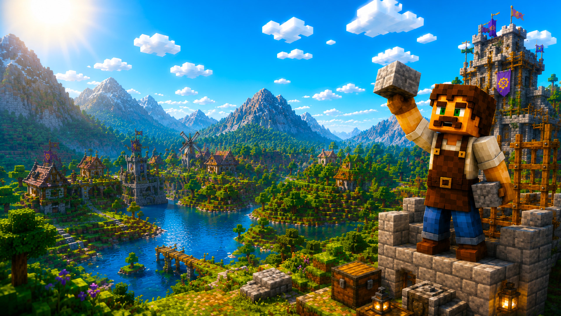 Andy The Maker raising a block above a thriving lakeside civilization